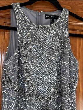 Aidan Mattox Gray Silver Beaded High-Neck Evening Dress